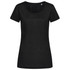 A black women's active cotton touch T-shirt with short sleeves and a scoop neckline. The shirt has a logo.