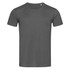 A grey crew neck t-shirt with short sleeves and a small logo on the upper side.