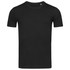 A plain black crew neck t-shirt with short sleeves. The shirt has a small logo on the front.