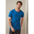 A blue crew neck t-shirt for men, featuring fitted sleeves and a basic design, displayed on a model.
