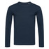 A long sleeve, navy blue T-shirt featuring a round neckline and a simple design, with a logo on the front.
