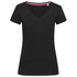 A black women's t-shirt featuring a V-neck design and short sleeves, with a hint of pink on the neckline.