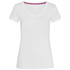 A white women's t-shirt featuring a V-neck design and short sleeves, with a hint of purple detail inside the neckline.