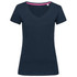 A navy women's V-neck t-shirt with short sleeves and a pink neckline, featuring a logo.