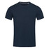 A navy blue crew neck t-shirt featuring short sleeves and a simple design. It has a logo on the label.