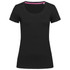 A black women's crew neck t-shirt featuring a rounded neckline and short sleeves. It has a logo on the garment.