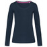 A navy long sleeve women's t-shirt with a V-neck design and a contrasting inner neckline. It features a logo.