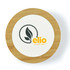 A round wireless charger with a bamboo border and a white centre featuring a logo and leaf design.