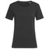 A black women's crew neck t-shirt with short sleeves and a relaxed fit, featuring a subtle branding tag.