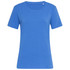 A blue women's crew neck t-shirt with short sleeves and no visible logos or branding.