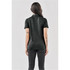A dark grey women's polo shirt with a short sleeve design, seen from the back. The shirt features a subtle texture.