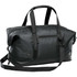 A black duffle bag with sturdy handles, a detachable strap, and a zippered front pocket, featuring a logo.