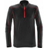 A black polar fleece pullover featuring red stitching and a half zip. It has a logo on the front.