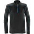 A black men's fleece pullover with a quarter zip and blue accents. It features long sleeves and a logo.