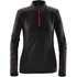 A women's black polar fleece pullover with red stitching and a half-zip front. It features long sleeves and a sporty design.
