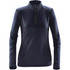 A women's navy pulse fleece pullover with a half-zip collar and long sleeves. Features stitching details and a logo.