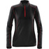 A women's black fleece pullover with red accents and a quarter zip, featuring long sleeves and a logo.