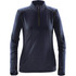A navy women's fleece pullover with a half-zip collar and long sleeves, featuring a logo on the hem.