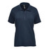 A navy women's polo shirt with short sleeves and a collar. Features a logo on the front.