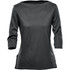 A women's 3/4 sleeve t-shirt in dark grey, featuring a simple design and a branding logo.