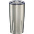 A drink bottle featuring a silver stainless steel body with a clear lid and a sleek design. It includes a logo.