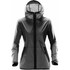 A women's hooded shell jacket in grey, featuring a zippered front and side pockets. It has a logo on it.