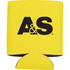 A collapsible can insulator in bright yellow, featuring a logo, designed for 350ml drink cans.