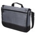 A grey and black laptop satchel with a front pocket and an adjustable shoulder strap, featuring a logo.