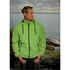 A green men's rain jacket with a hood and zippered pockets, set against a scenic outdoor background.