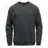 A dark grey crew neck sweater with long sleeves and a simple design, featuring a logo on the front.
