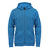 A blue men's fleece full zip hoody featuring a hood and front pockets, with a logo on the upper front.