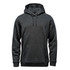 A dark grey fleece pullover hoody featuring a front pocket and adjustable drawstrings. It has a logo.