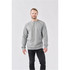 A grey men's Henley shirt with a round neckline and long sleeves, featuring a subtle logo.
