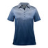 A women's polo shirt featuring a gradient design from light blue to dark blue, with a collar and button placket.