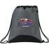 A grey drawstring sportspack with a logo, featuring a black bottom panel and adjustable cords.
