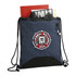 A dark blue drawstring sportspack with a logo, containing books and magazines.
