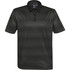 A dark green polo shirt with a contrasting black collar and a subtle striped pattern. It features a logo on the upper left.