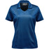 A women's polo shirt in varying shades of blue with a subtle striped pattern and a logo on the collar.