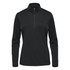 A black women's pullover with a 1/4 zip and long sleeves, featuring a subtle logo.