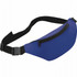 A blue fanny pack with a zippered compartment and an adjustable black strap. It features a logo.