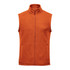 An orange fleece vest featuring a high collar and two front pockets, with a logo on the side.