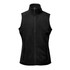 A black fleece vest featuring a high collar and zip closure, with side pockets and a logo.