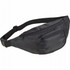 A black fanny pack with a zippered front pocket and an adjustable strap. It has a simple, sleek design.