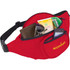 A red fanny pack with multiple compartments containing a wallet, sunglasses, papers, and a mobile phone. It features a logo.
