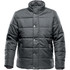 A dark green thermal jacket with a quilted design, featuring a stand-up collar and snap buttons, has a logo.