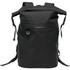 A black waterproof backpack with adjustable shoulder straps and a front zip pocket, featuring a logo.