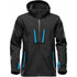 A black softshell jacket with blue zippered pockets and a hood, featuring a logo on one sleeve.