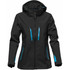 A black softshell jacket with blue accents, featuring a hood and zippered pockets. It includes branding on the sleeve.