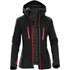 A women's jacket in black with red accents, featuring a hood and zippered pockets. It has a sleek, stylish design.