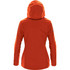 A vibrant orange women's jacket featuring a hood and a logo on the sleeve, viewed from the back.